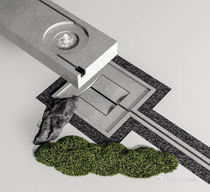 Modern Water Fountain Concrete Structure With Stone Decor Green Grass And Black Line Patterned Ground 3d model 