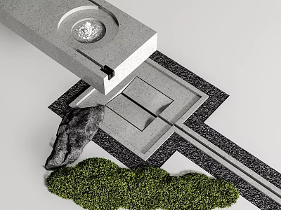 Modern Water Fountain Concrete Structure With Stone Decor Green Grass And Black Line Patterned Ground 3d model