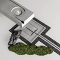 Modern Water Fountain Concrete Structure With Stone Decor Green Grass And Black Line Patterned Ground