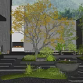 Modern Courtyard Garden with Yellow Tree Stone Pathway Lush Greenery and Stone Basin