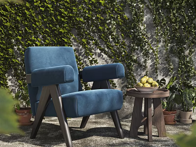 Blue Accent Chair with Wooden Table Fruit Bowl and Potted Plants by Green Ivy Wall 3d model