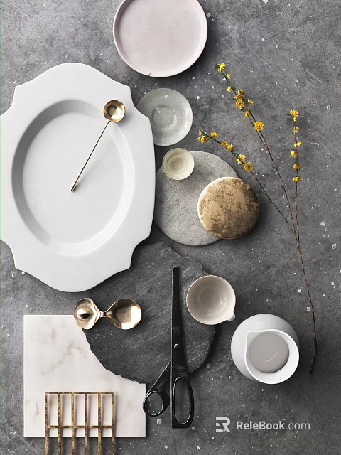 Elegant Tableware Set With White Plates Golden Spoons And Ceramic Cups 3d model