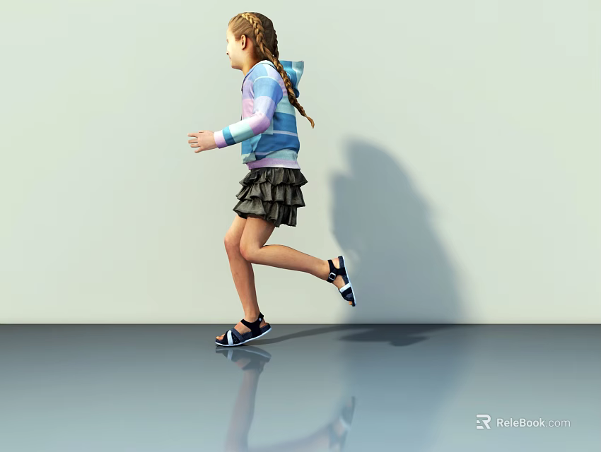 Girl Running In Colorful Hoodie And Black Ruffled Skirt On Reflective Floor With Shadow 3d model 