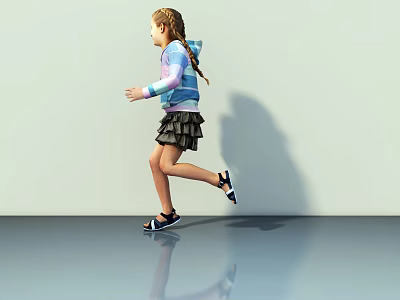 Girl Running In Colorful Hoodie And Black Ruffled Skirt On Reflective Floor With Shadow 3d model