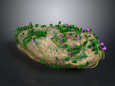Natural Stone Decorated With Green Vines And Purple Flowers 3d model