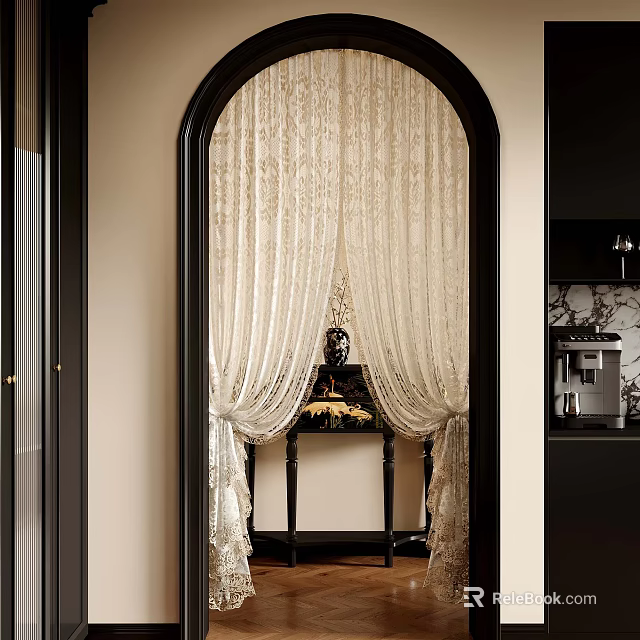 Elegant Interior With Arched Doorway White Lace Curtains Black Frame And Decorative Table 3d model 