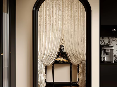 Elegant Interior With Arched Doorway White Lace Curtains Black Frame And Decorative Table 3d model