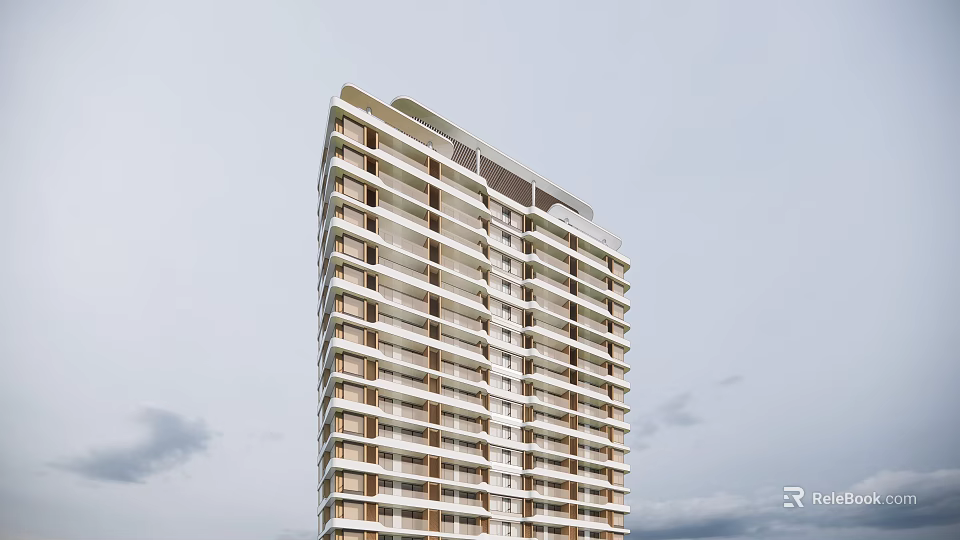 Modern High Rise Building Exterior With Multiple Floors Balconies Beige Brown Color And Sky Clouds 3d model 