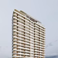 Modern High Rise Building Exterior With Multiple Floors Balconies Beige Brown Color And Sky Clouds