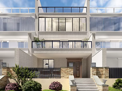 Modern Townhouse Exterior With Large Windows Black Balcony Railings Stone Wall And Front Greenery 3d model