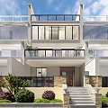 Modern Townhouse Exterior With Large Windows Black Balcony Railings Stone Wall And Front Greenery
