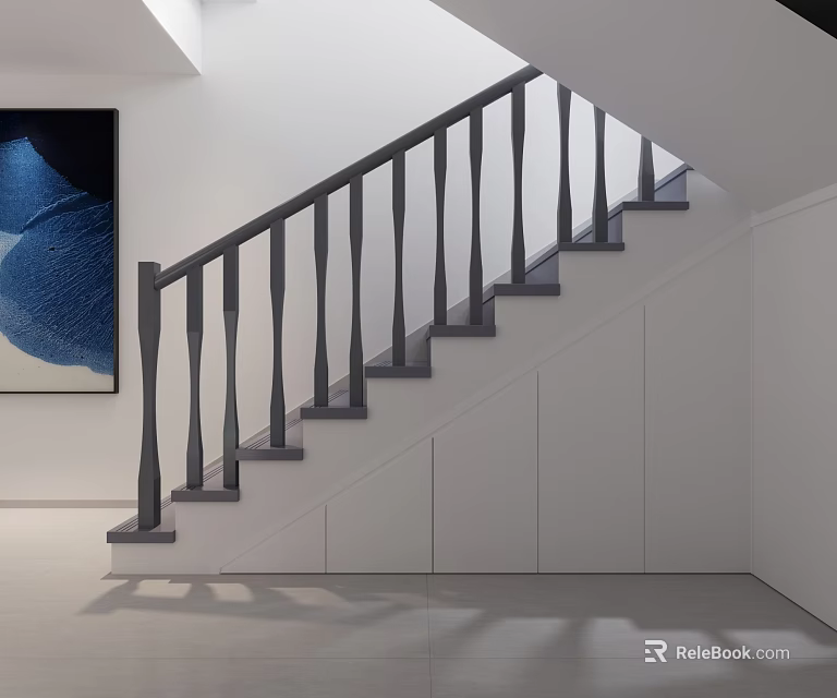 Modern Staircase Interior With Gray Steps Black Handrail White Walls Cabinets And Blue Abstract Painting 3d model 