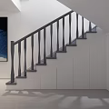 Modern Staircase Interior With Gray Steps Black Handrail White Walls Cabinets And Blue Abstract Painting