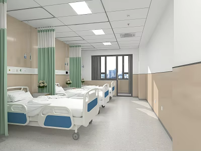 Hospital Building Ward Interior With Beige Walls Green White Curtains Windows And Beds 3d model