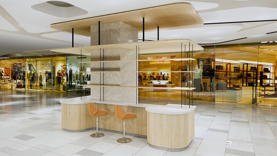 Modern Wooden Display Shelves with Glass Layers and Orange Bar Stools in Mall Interior 3d model 