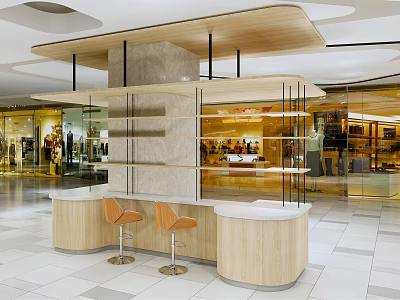 Modern Wooden Display Shelves with Glass Layers and Orange Bar Stools in Mall Interior 3d model