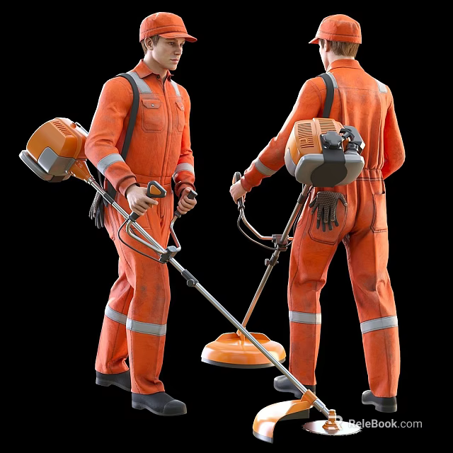 Men in orange workwear with reflective strips using grass trimmers for garden upkeep 3d model 