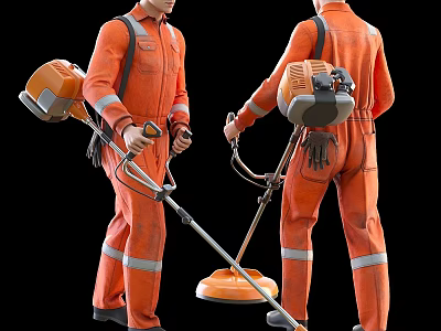 Men in orange workwear with reflective strips using grass trimmers for garden upkeep 3d model