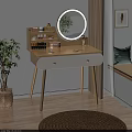 Modern Minimalist Light Wooden Dressing Table with Round Mirror White Drawers and Potted Plant