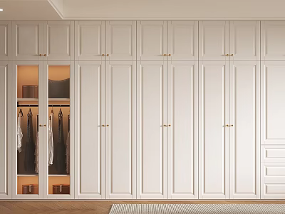 Modern Walk in Closet Interior Design With White Cabinets Golden Handles And Open Compartments 3d model