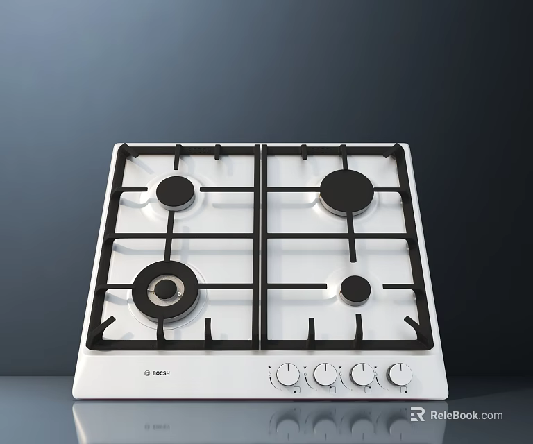BOSCH White Kitchen Gas Stove Cooktop With Four Burners And Control Knobs 3d model 