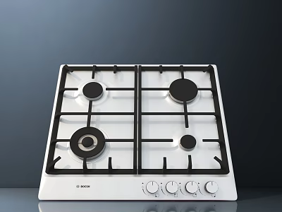 BOSCH White Kitchen Gas Stove Cooktop With Four Burners And Control Knobs 3d model