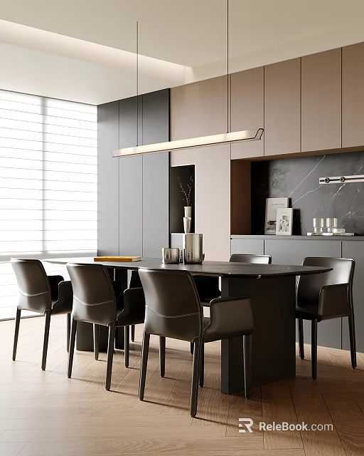 Modern Dining Room Interior With Dark Dining Table Chairs Pendant Light Cabinets And Window Blinds 3d model 