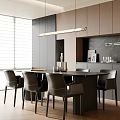 Modern Dining Room Interior With Dark Dining Table Chairs Pendant Light Cabinets And Window Blinds