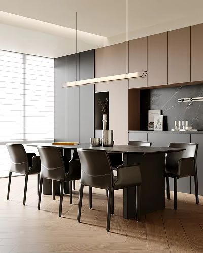 Modern Dining Room Interior With Dark Dining Table Chairs Pendant Light Cabinets And Window Blinds 3d model