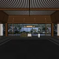Traditional Tea Room Interior With Wooden Lattice Ceiling And Natural Courtyard Landscape View