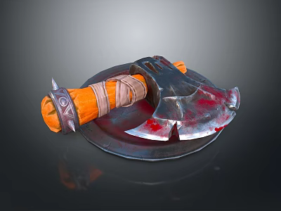 Bloodstained Metal Blade Axe Weapon With Orange Wrapped Handle And Circular Base 3d model