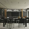 Modern Living Dining Room Interior With Black Sofa Wooden Coffee Table And Pendant Lights