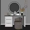 Modern Dressing Table with Round Backlit Mirror White Drawers Gold Handles and Upholstered Gray Stool