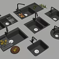 Various Kitchen Sinks Including Single And Double Bowl With Faucets Drainers And Fresh Vegetables