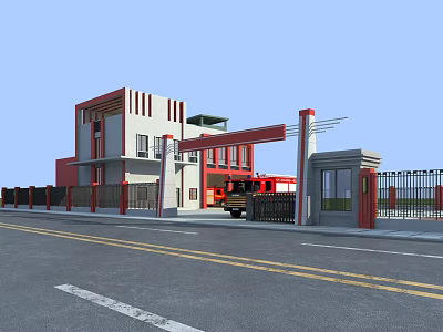 Red And White Entrance Gate With Pillars And Adjacent Building Structure 3d model