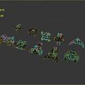 Sci Fi Game Movie Characters Mechanical Designs With Green Glowing Elements And Various Shapes