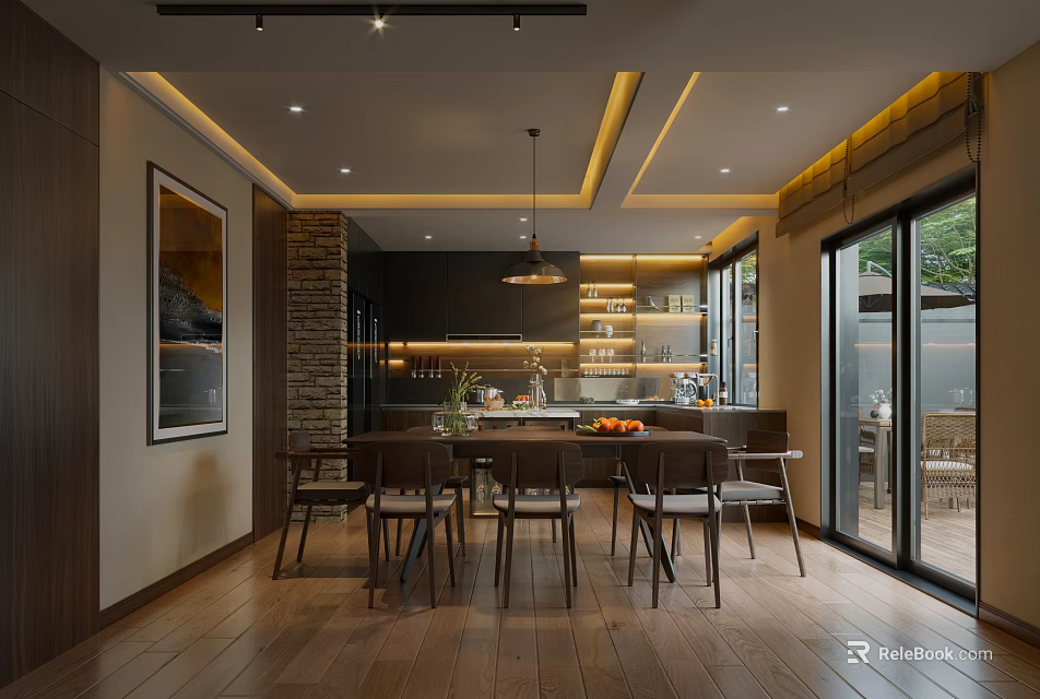 Modern Restaurant Interior Design With Dining Table Chairs Wooden Floor And Lighting 3d model 
