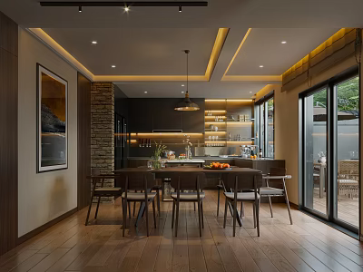 Modern Restaurant Interior Design With Dining Table Chairs Wooden Floor And Lighting 3d model