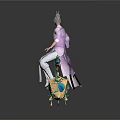 Man In Purple Robe With White Hair Riding Green Flying Mount With Golden Decorations