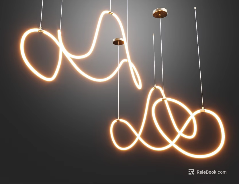 Modern Curved LED Pendant Light with Illuminated Golden Looping Design Hanging in Living Room 3d model 