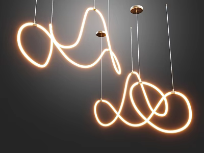 Modern Curved LED Pendant Light with Illuminated Golden Looping Design Hanging in Living Room 3d model