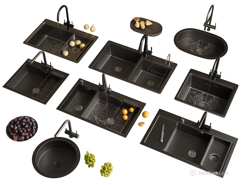 Black Kitchen Sinks With Various Styles Faucet And Drainer For Kitchen Use 3d model 