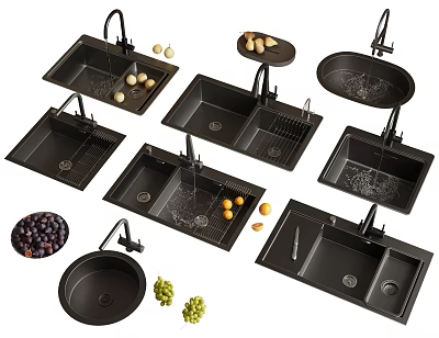 Black Kitchen Sinks With Various Styles Faucet And Drainer For Kitchen Use 3d model