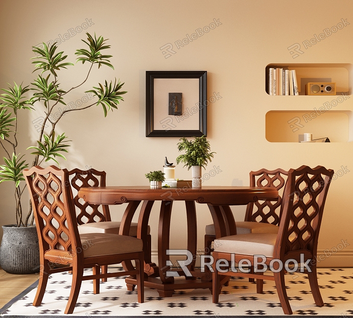 American Dining Table and Chair Combination American Dining Table American Dining Chair American Decorative Painting American Carpet American Plants model