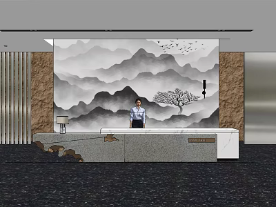 Modern Reception Desk With Chinese Mountain Landscape Painting And Stone Decor 3d model