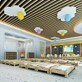 Bright Kindergarten Room With Wooden Ceiling Cloud Balloon Decorations Small Beds And Bookshelves