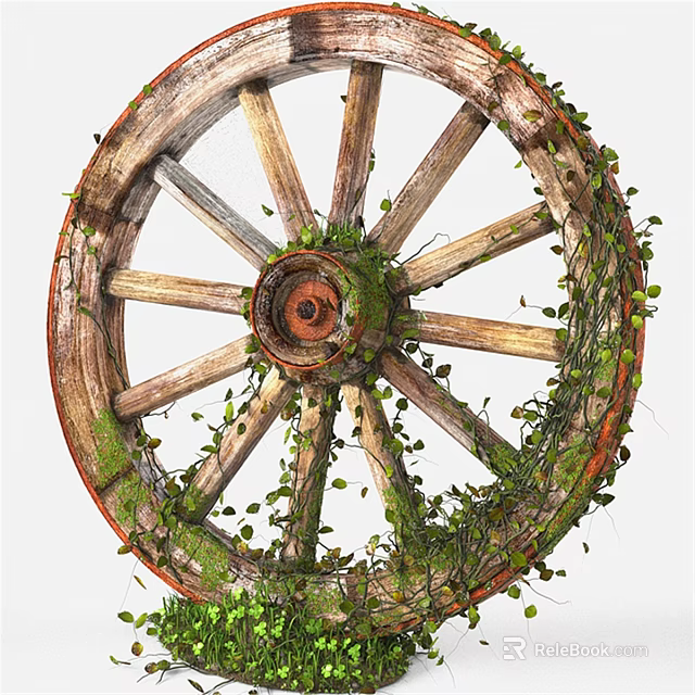 Old Wooden Wheel Covered With Moss And Vines As Weathered Rustic Architectural Element 3d model 