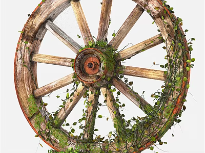 Old Wooden Wheel Covered With Moss And Vines As Weathered Rustic Architectural Element 3d model