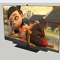 Vibrant Television Displaying Animated Character Lying on Stone Slab with Traditional Architecture Autumn Background
