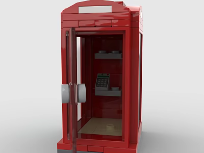 Red Telephone Booth Made With Building Blocks Featuring Clear Door And Internal Telephone Equipment 3d model